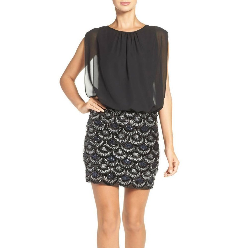 Aidan Mattox Black Gold Stretch Sequin Dress